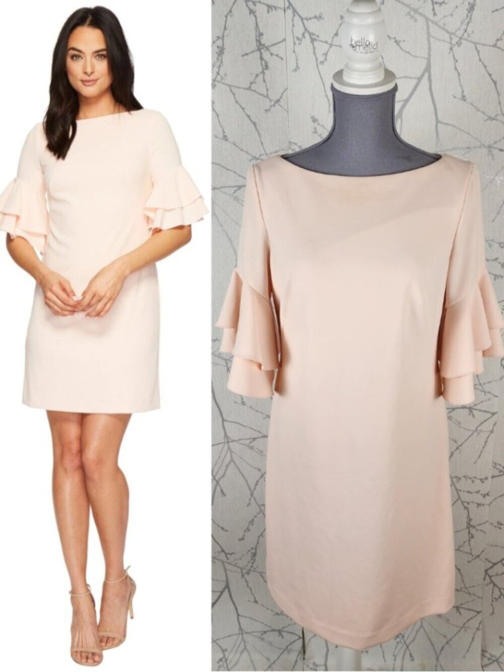 Lauren Ralph Lauren Crepe Stretch Boat Neck Ruffle Sleeve Dress